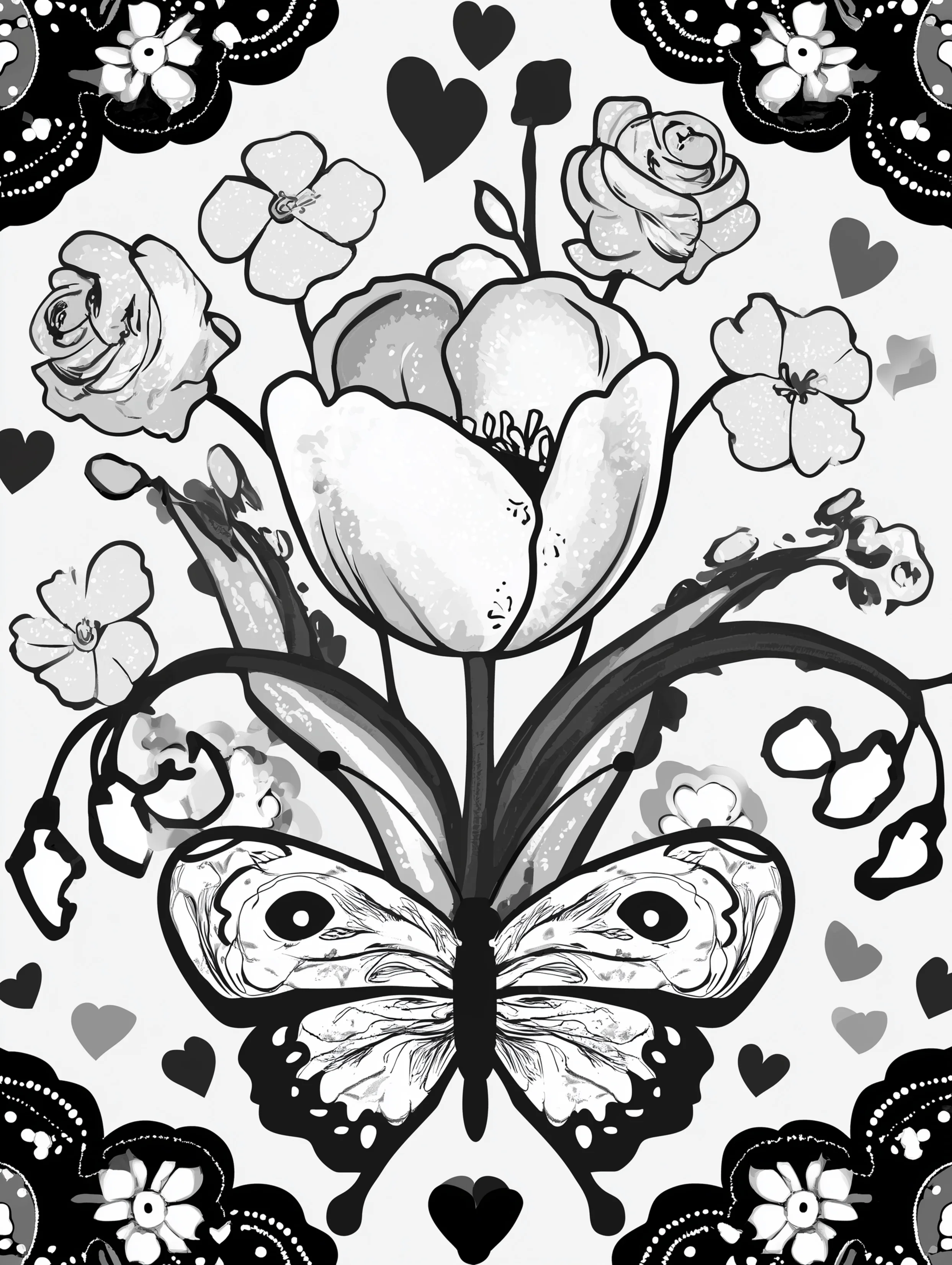 Free printable butterfly coloring page for adults featuring a butterfly beneath a tulip